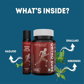 AADAR Ayurveda Ortho Sure Capsule and Roll On Combo Pack for joint, knee, muscle pain relief <br> (60 Caps + 10ml)