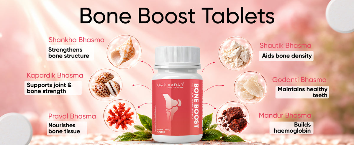 Aadar Bone Boost Calcium Tablets | Bone Strength & Daily Calcium Support | 60 Tablets, 600 mg A+ Banner