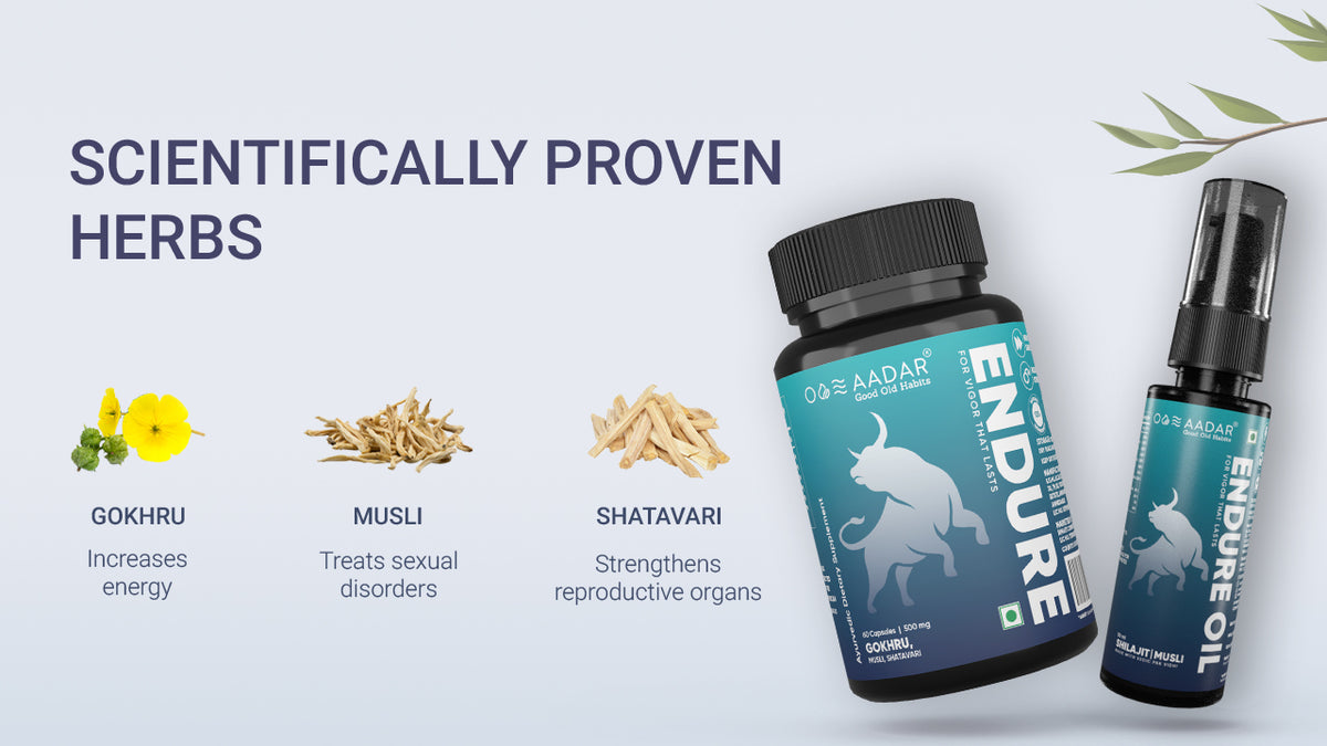 AADAR Ayurveda Endure Capsule & Oil Combo Pack for Premature Ejaculation <br> (60 Caps + 30 ml) A+ Banner