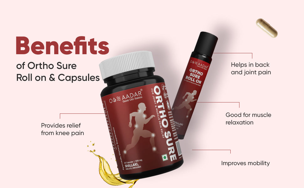 AADAR Ayurveda Ortho Sure Capsule and Roll On Combo Pack for joint, knee, muscle pain relief <br> (60 Caps + 10ml) A+ Banner