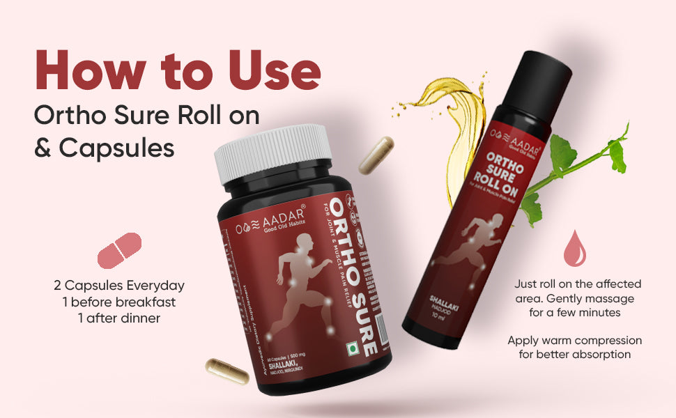 AADAR Ayurveda Ortho Sure Capsule and Roll On Combo Pack for joint, knee, muscle pain relief <br> (60 Caps + 10ml) A+ Banner