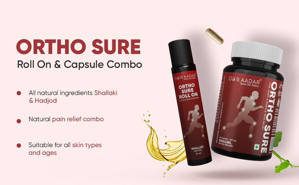 AADAR Ayurveda Ortho Sure Capsule and Roll On Combo Pack for joint, knee, muscle pain relief <br> (60 Caps + 10ml) A+ Banner