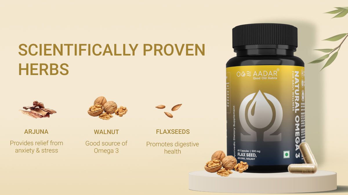 AADAR Ayurveda Natural Omega 3 for Brain and Heart Health  (60 Capsules) A+ Banner