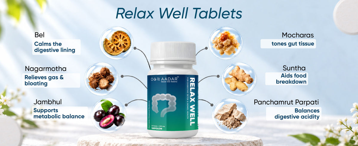 Aadar Relax Well Tablets | Bowel Regularity, Bloating Support & Gas Tablet | 60 Tablets, 500 mg A+ Banner