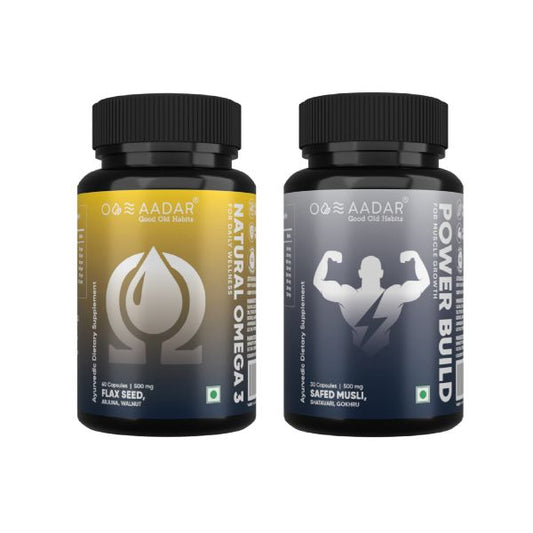 AADAR Ayurveda Power Build & Natural Omega 3 fitness Combo Pack <br>  (60 Capsules X 2)