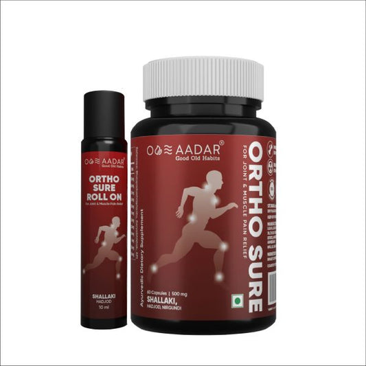 AADAR Ayurveda Ortho Sure Capsule and Roll On Combo Pack for joint, knee, muscle pain relief <br> (60 Caps + 10ml)